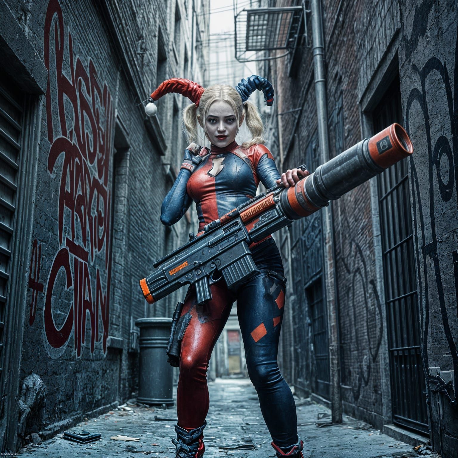 Hyperrealistic Harley Quinn with Bazooka in Detailed Setting