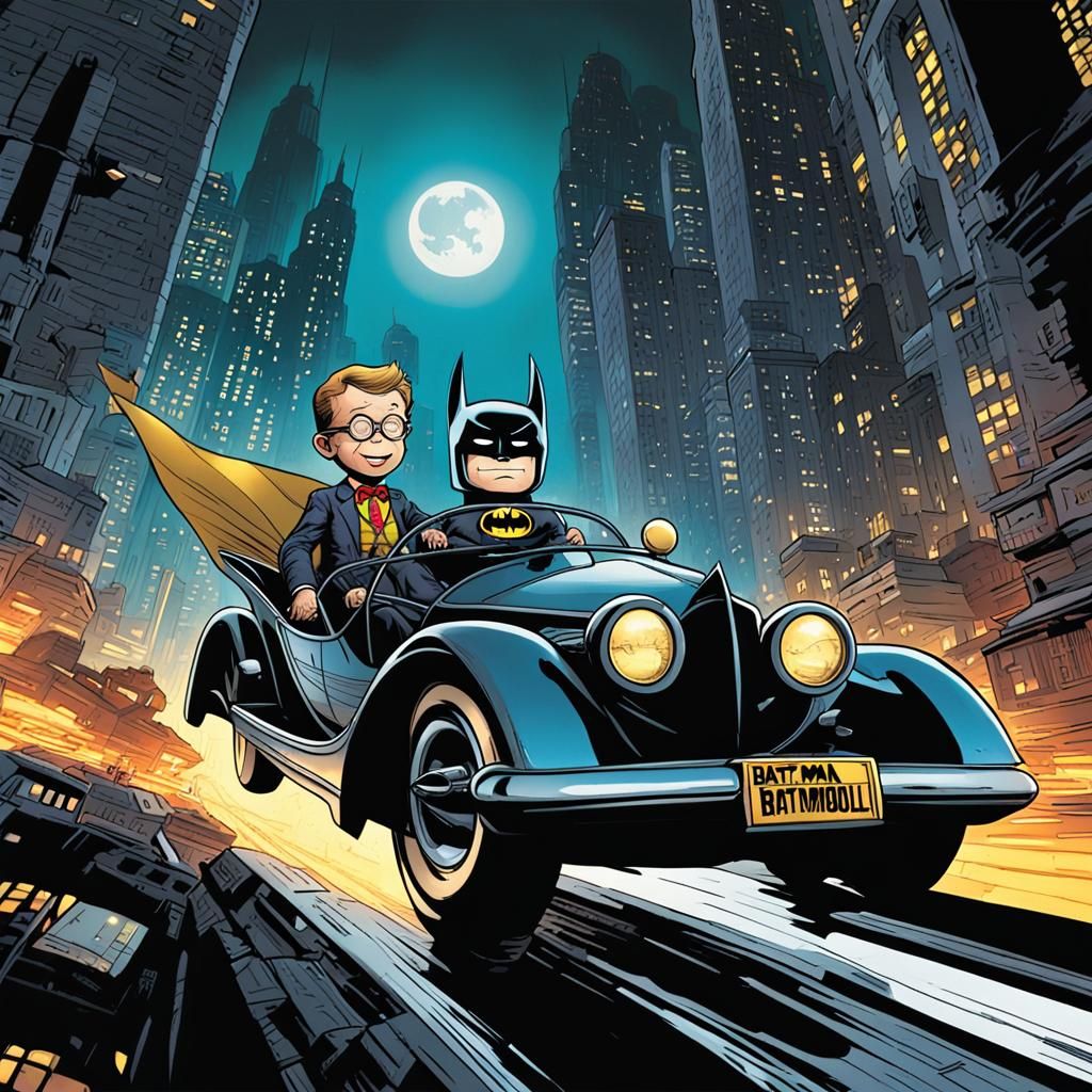 Batman and Alfred E Neuman Speed Through Gotham City in Dyna...