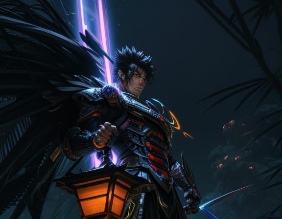 Winged Cyborg Samurai vs Colossal Demon in Neon Forest