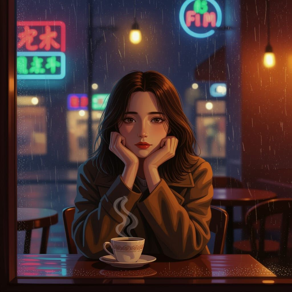 A young woman sits inside a café, waiting for rain to stop