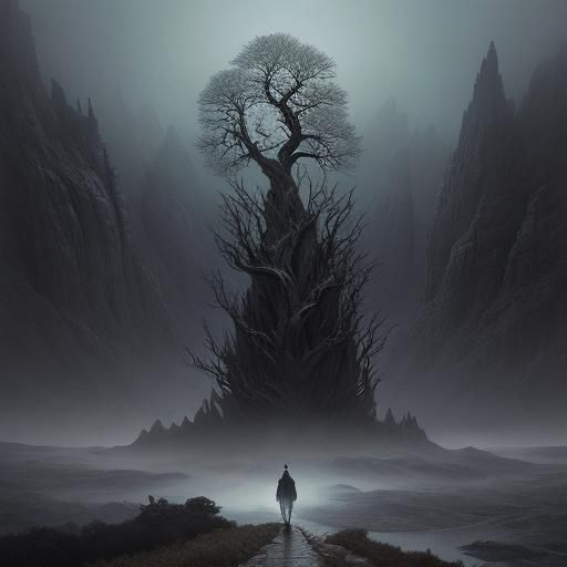 Mystical Traveler in Desolate Mountain Landscape