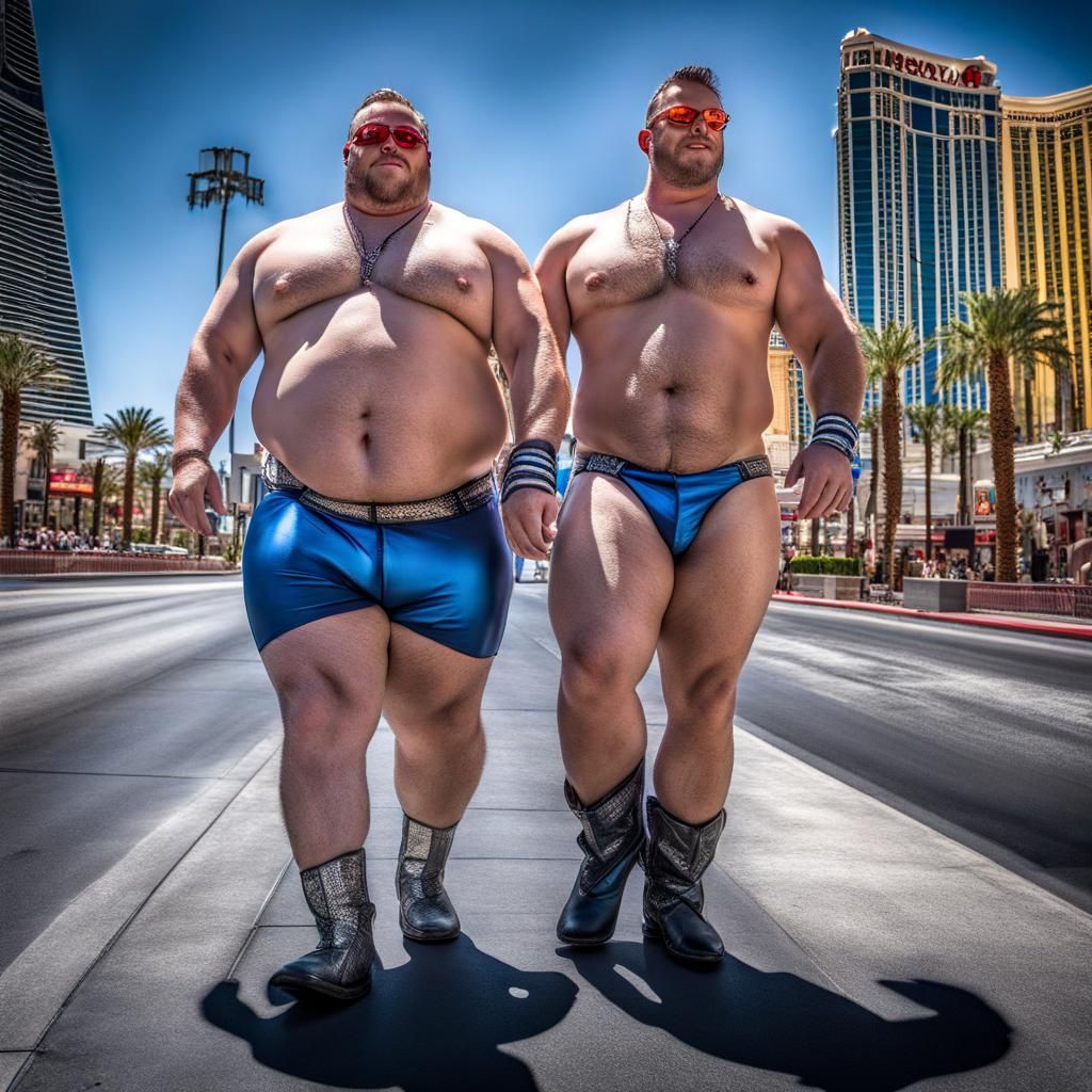 Muscular Men on Las Vegas Strip: Hyperrealistic Image