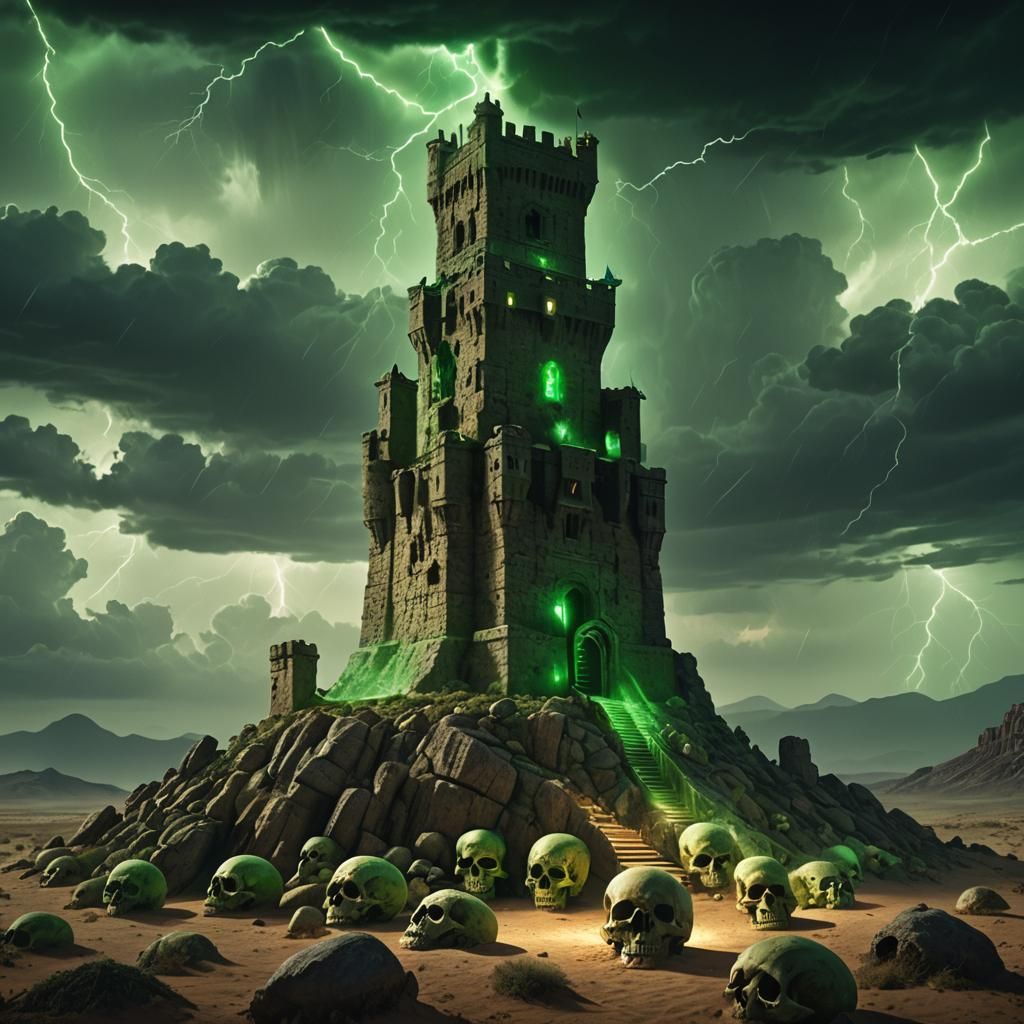 Ominous Skull Tower Emitting Green Lasers