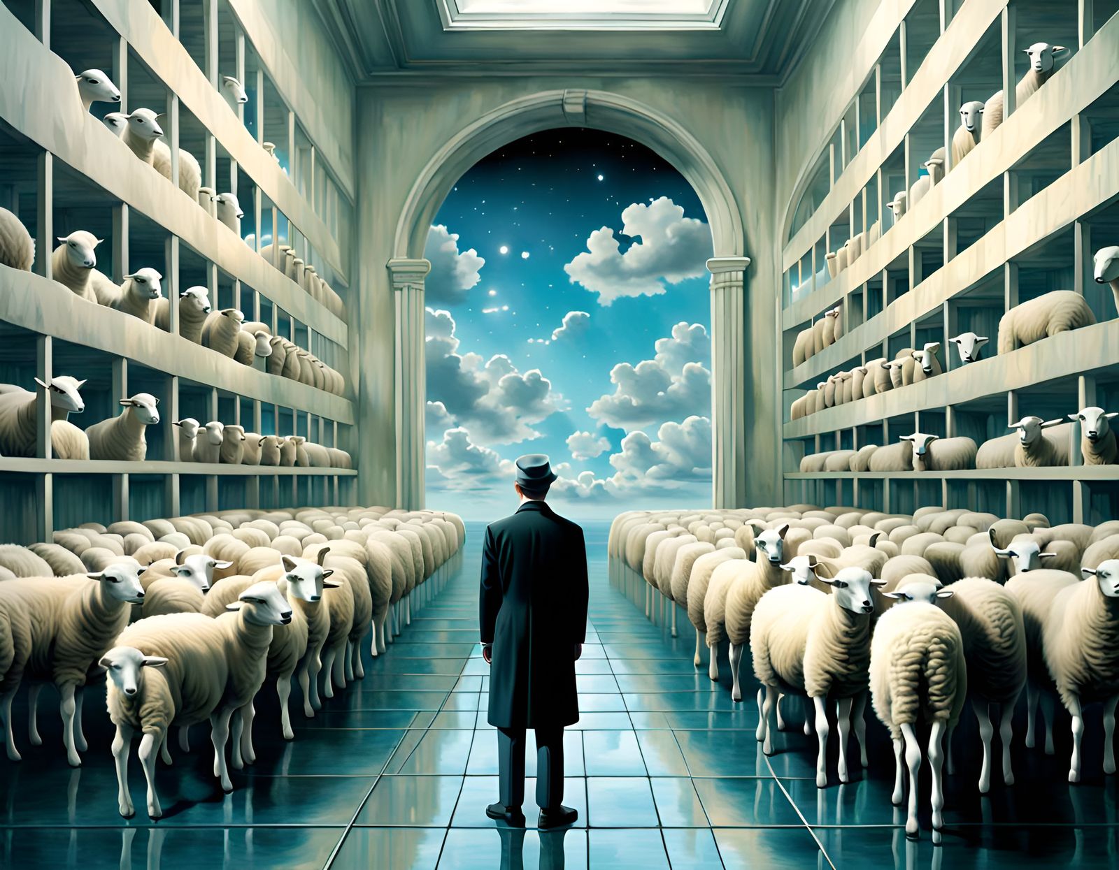 Electric Sheep Scene as Surrealist Painting