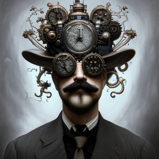 Steampunk Mustache Man Portrait in Hyperrealism Style