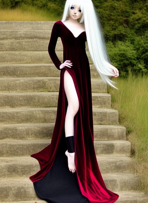 Anime Girl in Velvet Dress with Platinum Hair