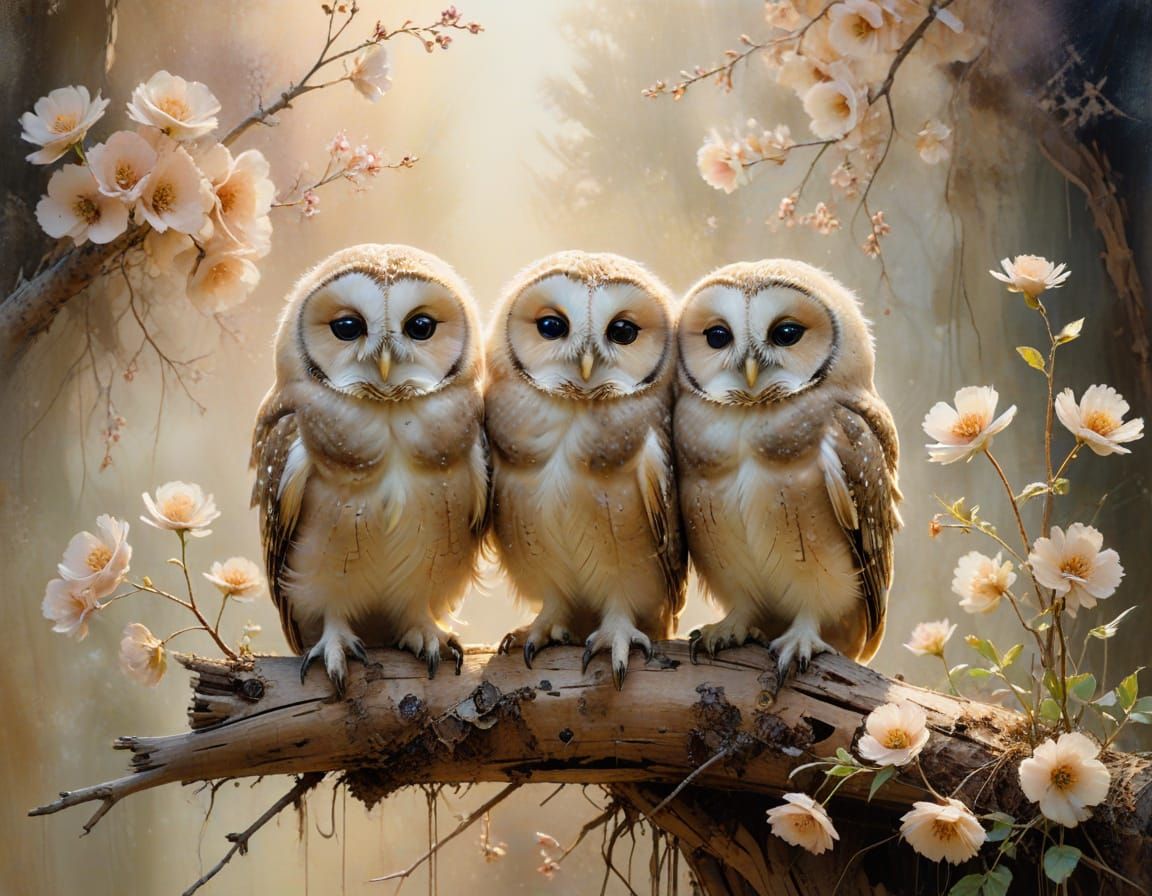 Owlets in Artist's Studio: Watercolor and Sfumato