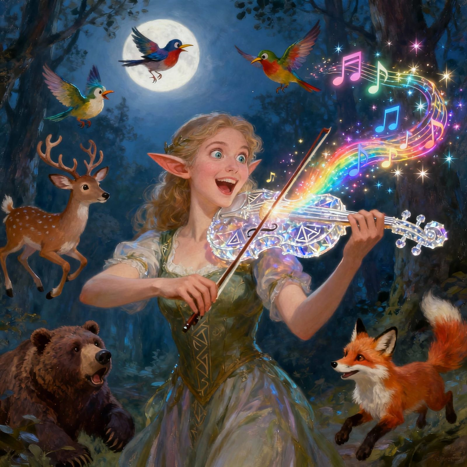 Elven Violinist in Moonlit Forest Creates Musical Animals