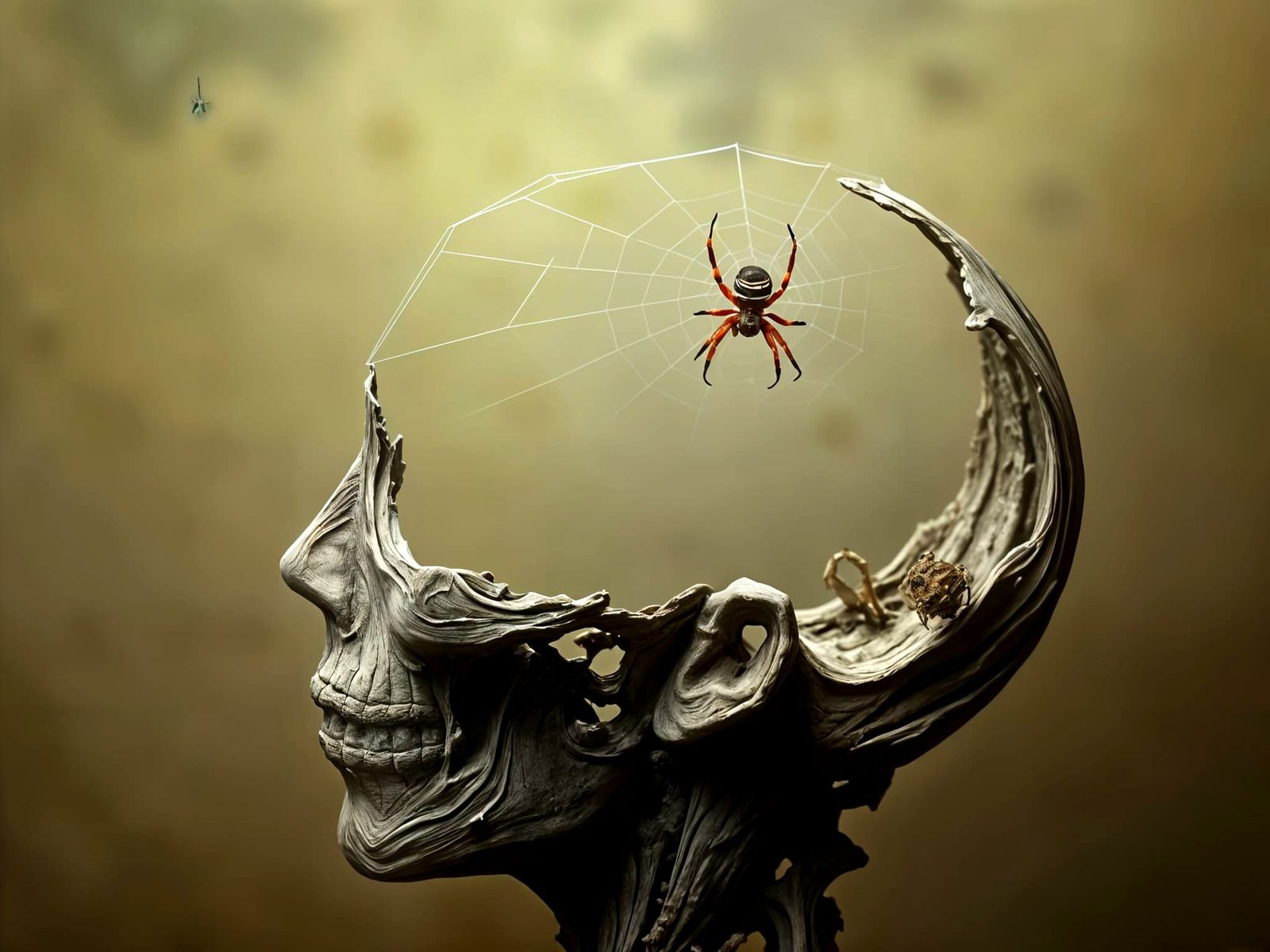 Surreal Spider Lurks in Empty Skull