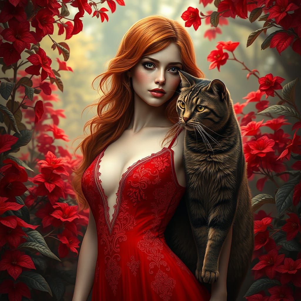 Ginger Woman in Red Garden, Fantasy Realism Portrait