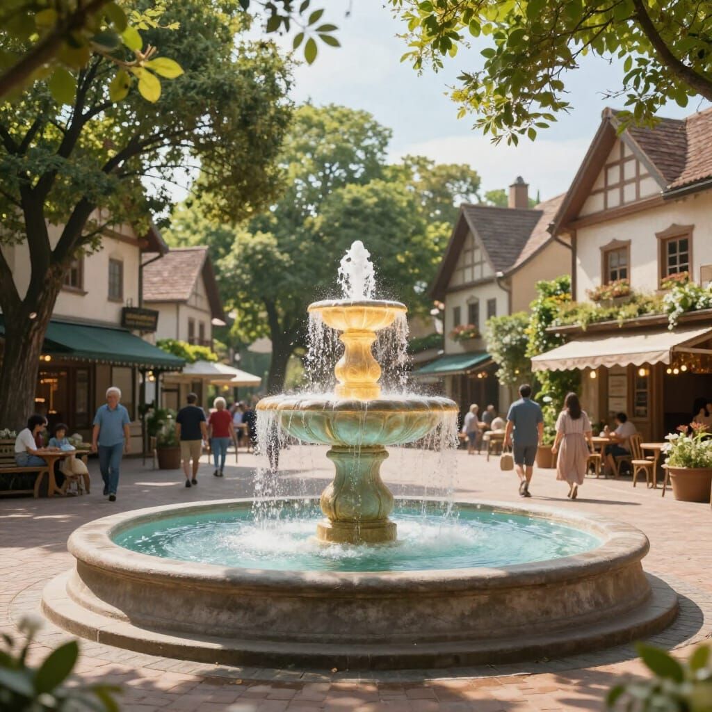 Fantasy Town Square with Magical Fountain and Soft Sunlight