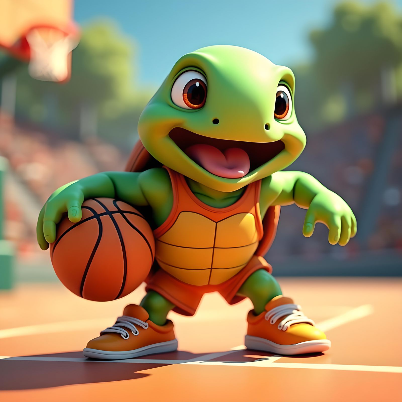 Cartoon Turtle Plays Basketball in CGI Style
