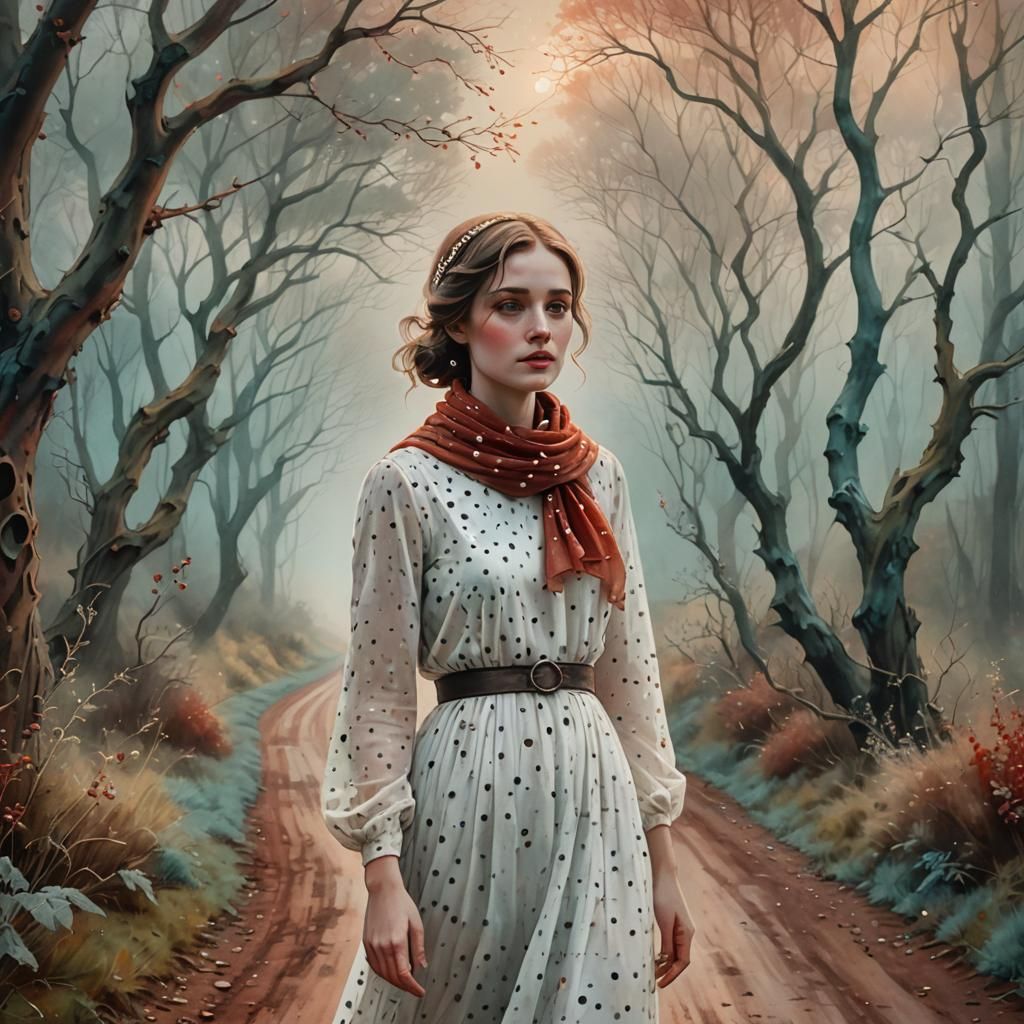 Elegant Girl in Polka Dot Dress on Misty Road