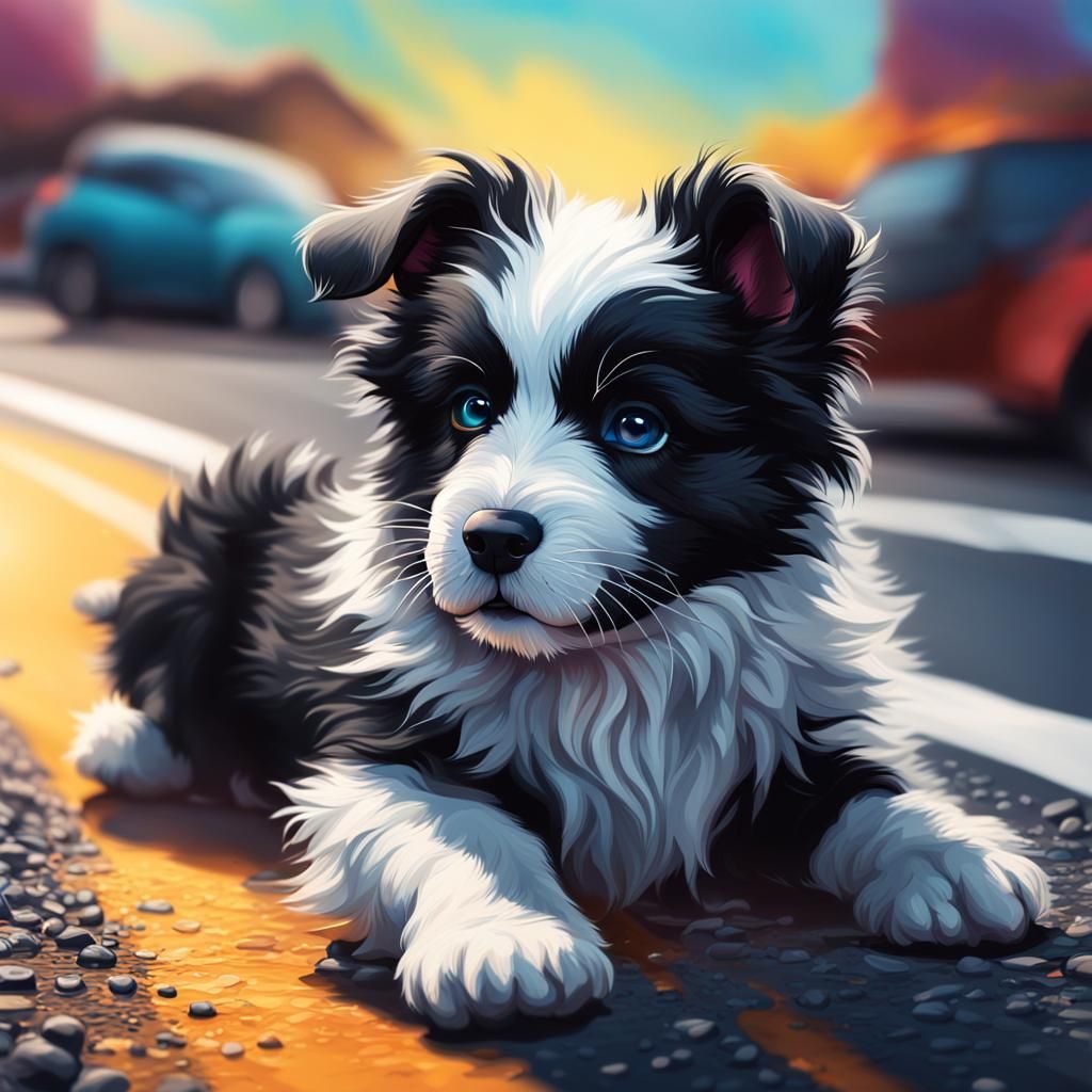 Fluffy Puppy's First Road Trip: Hyperrealistic Splash Art