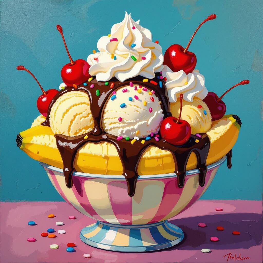 Colorful Banana Split Sundae in Pop Art Style