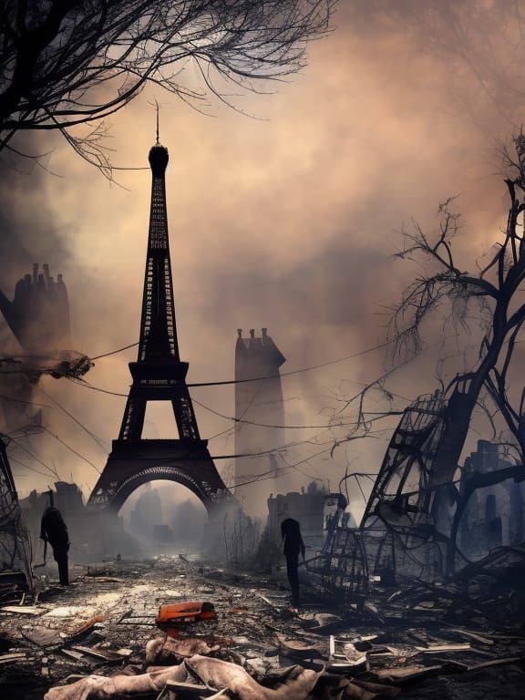 Post-Apocalyptic Eiffel Tower in Cyberpunk Style