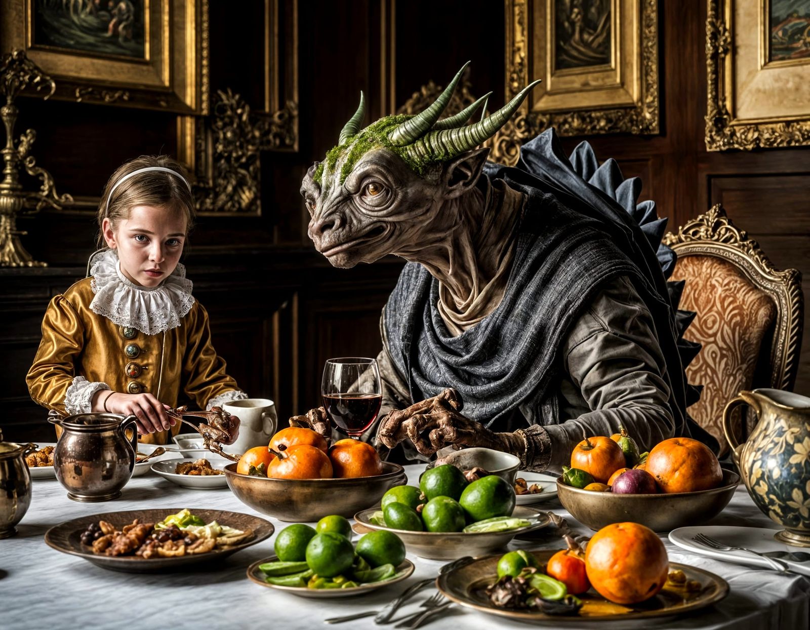 Surreal Alien Restaurant Celebration in Gritty Hyperrealism