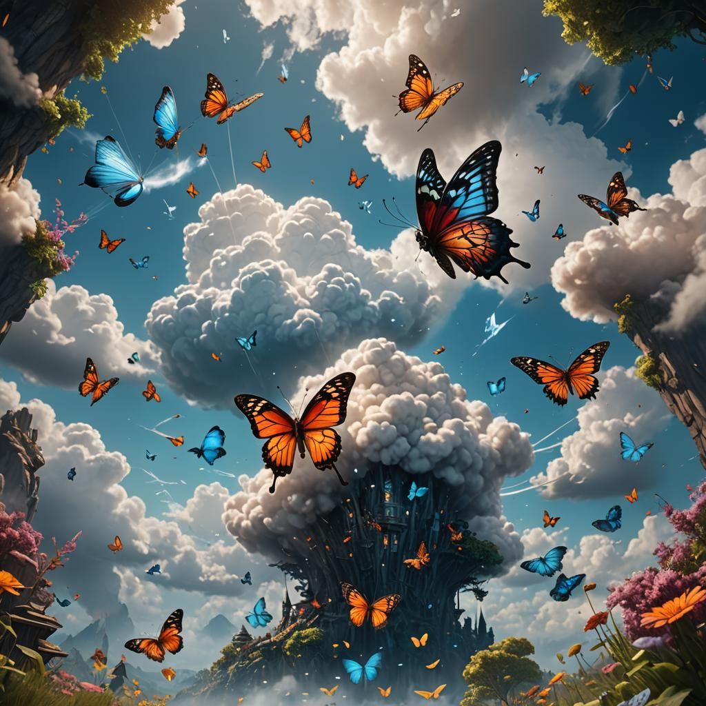 Butterfly Flying Near Cloud as Fantasy Art