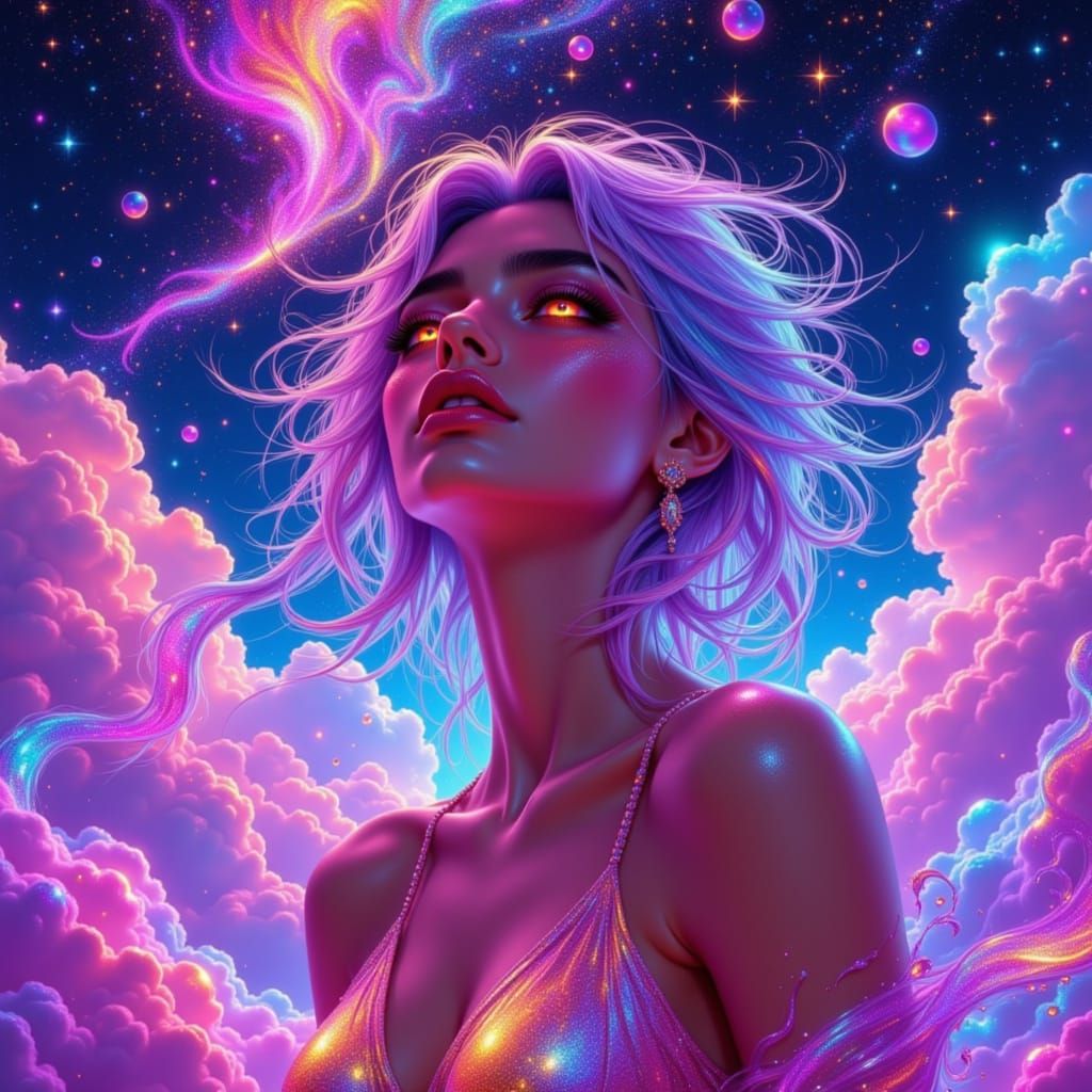 Woman in Wonder Amidst Iridescent Clouds