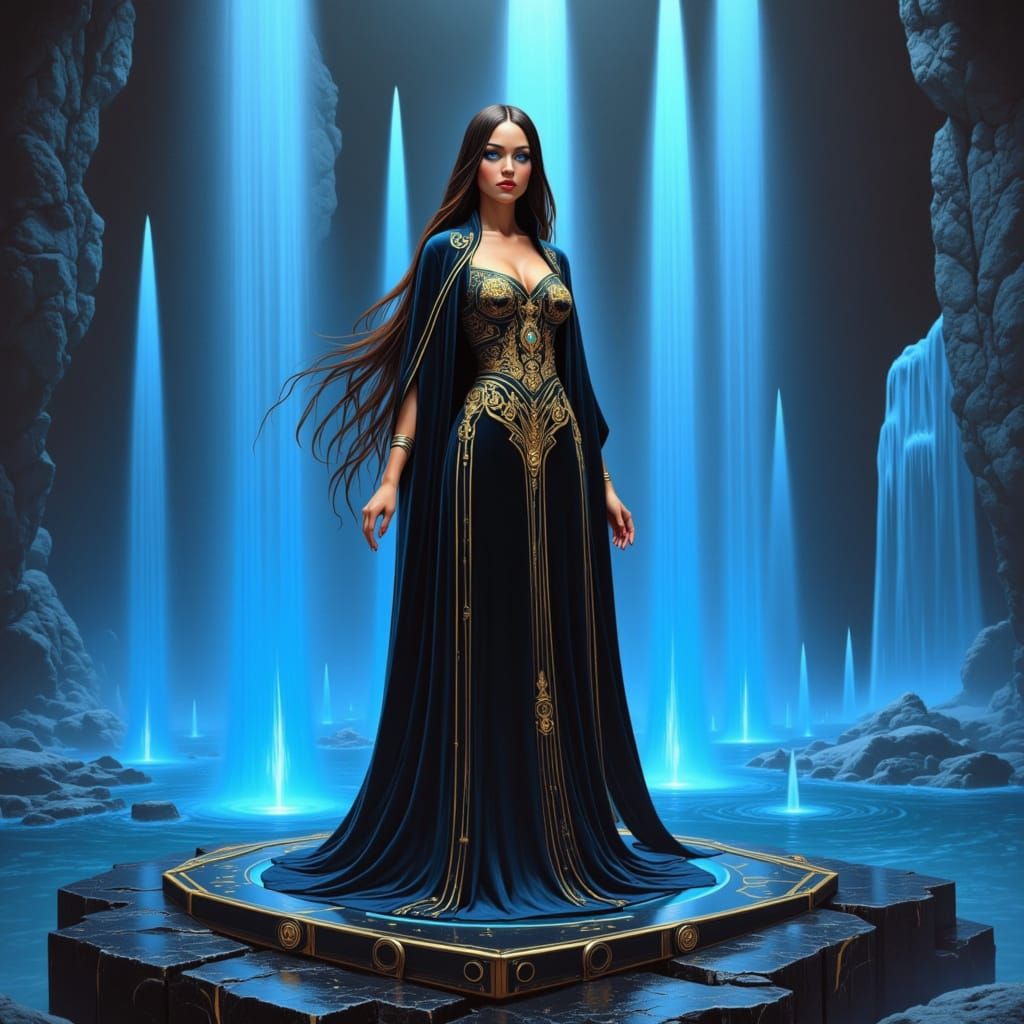 Existential Wizard Amidst Psychedelic Blue Fountains