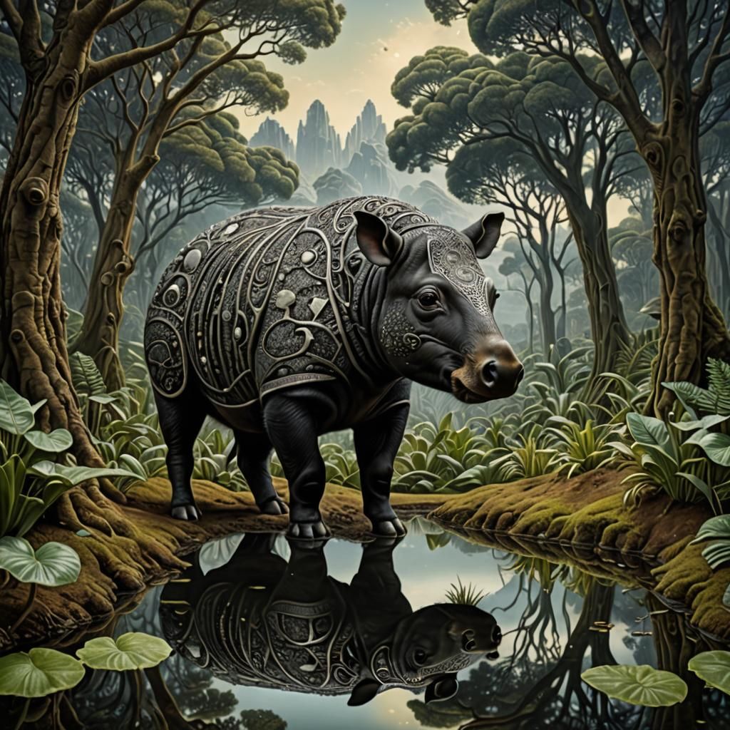 Tapir in Mirrored Alien Landscape: Hyperrealistic Mixed Medi...