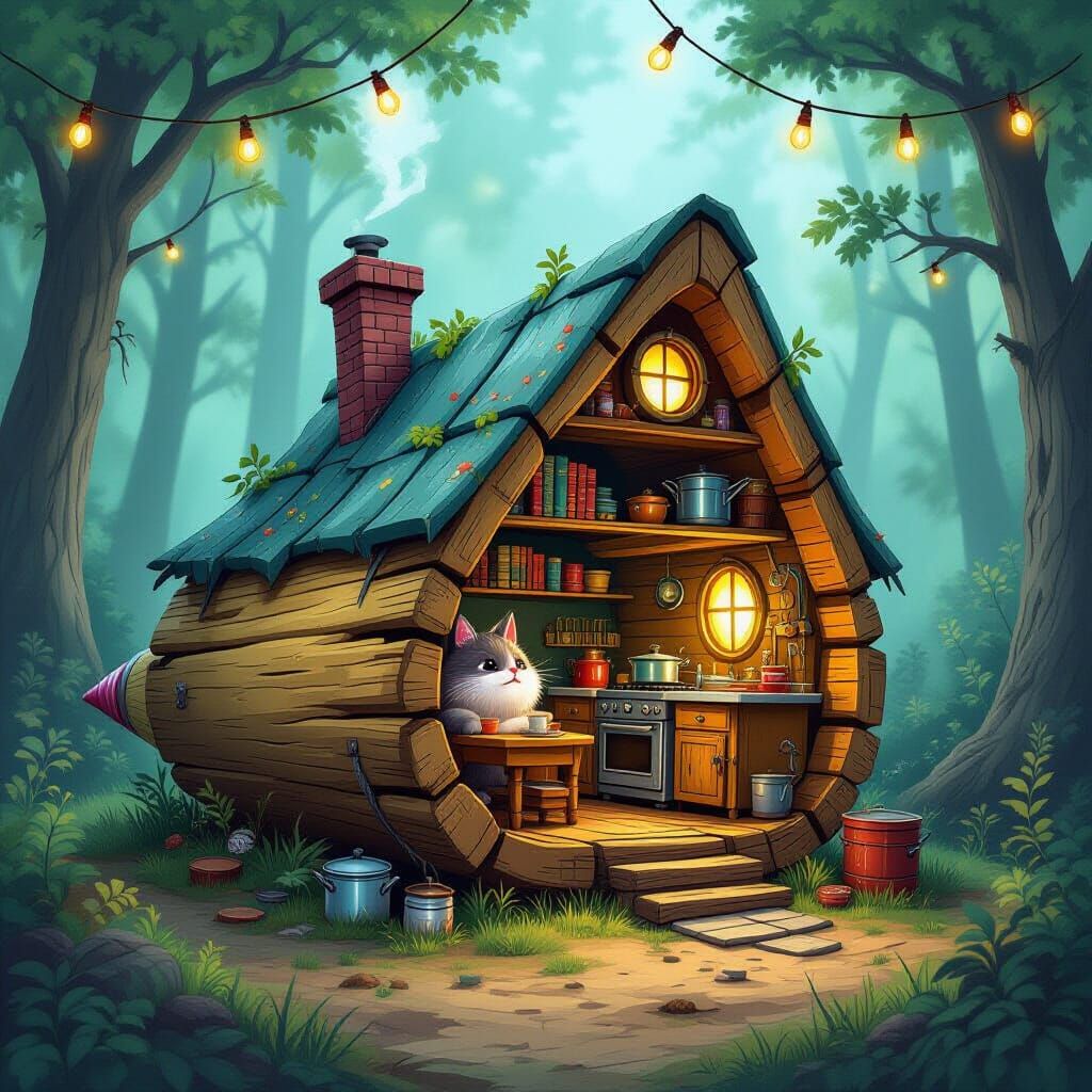 Fantasy Creatures In Steampunk Pencil Log Home