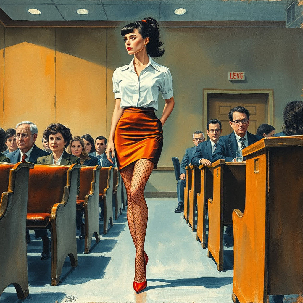 1950s Noir Woman in Courtroom: Gouache Impressionist Paintin...