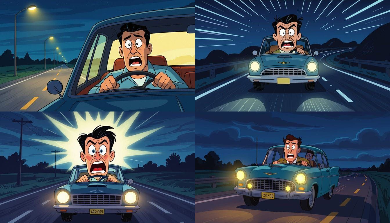 Man Drives Car in Fear at Midnight Animated Cartoon