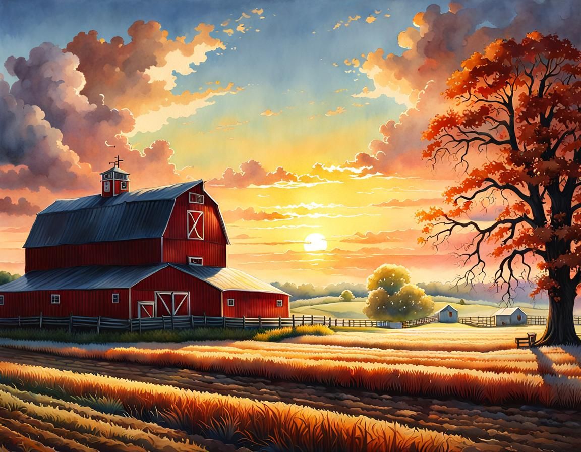 Watercolor Farm at Sunrise in Hyperrealism