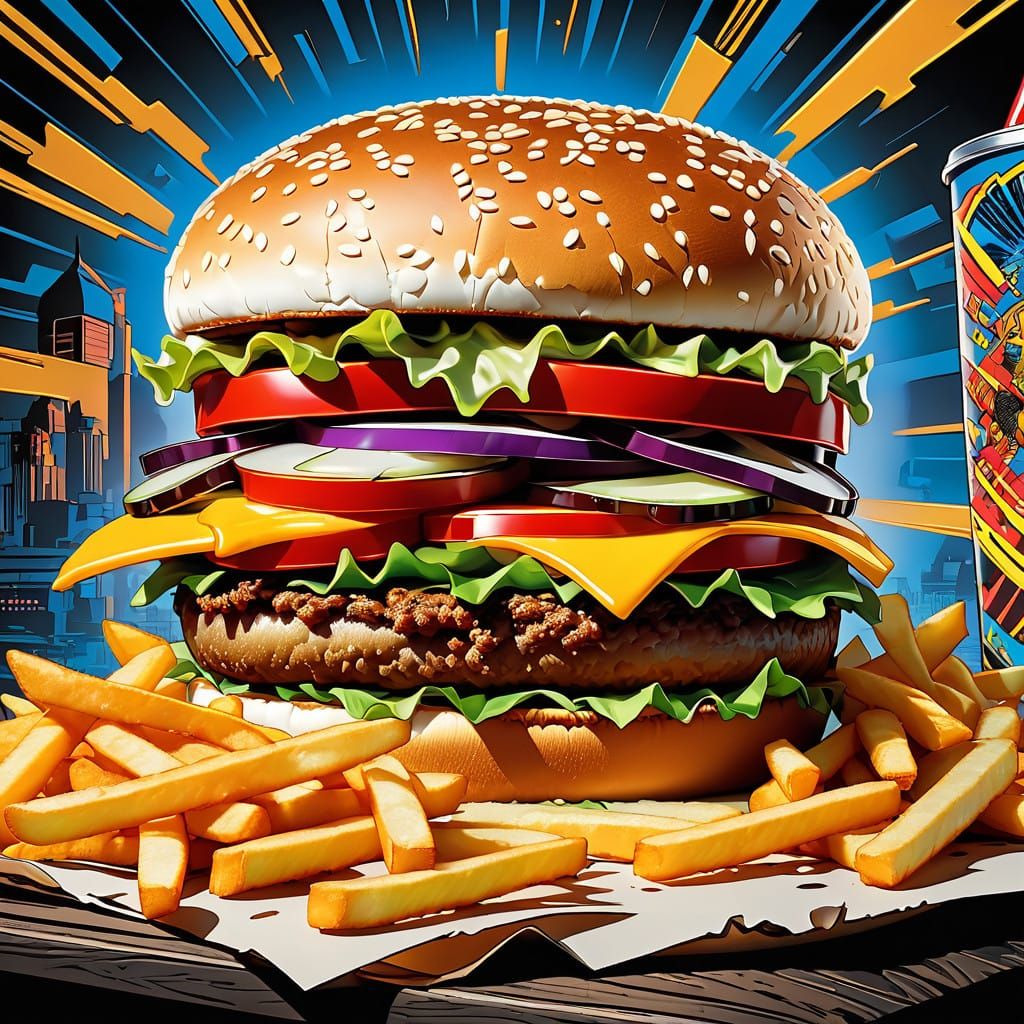 Vibrant Pop Art Comic Book Cheese Burger