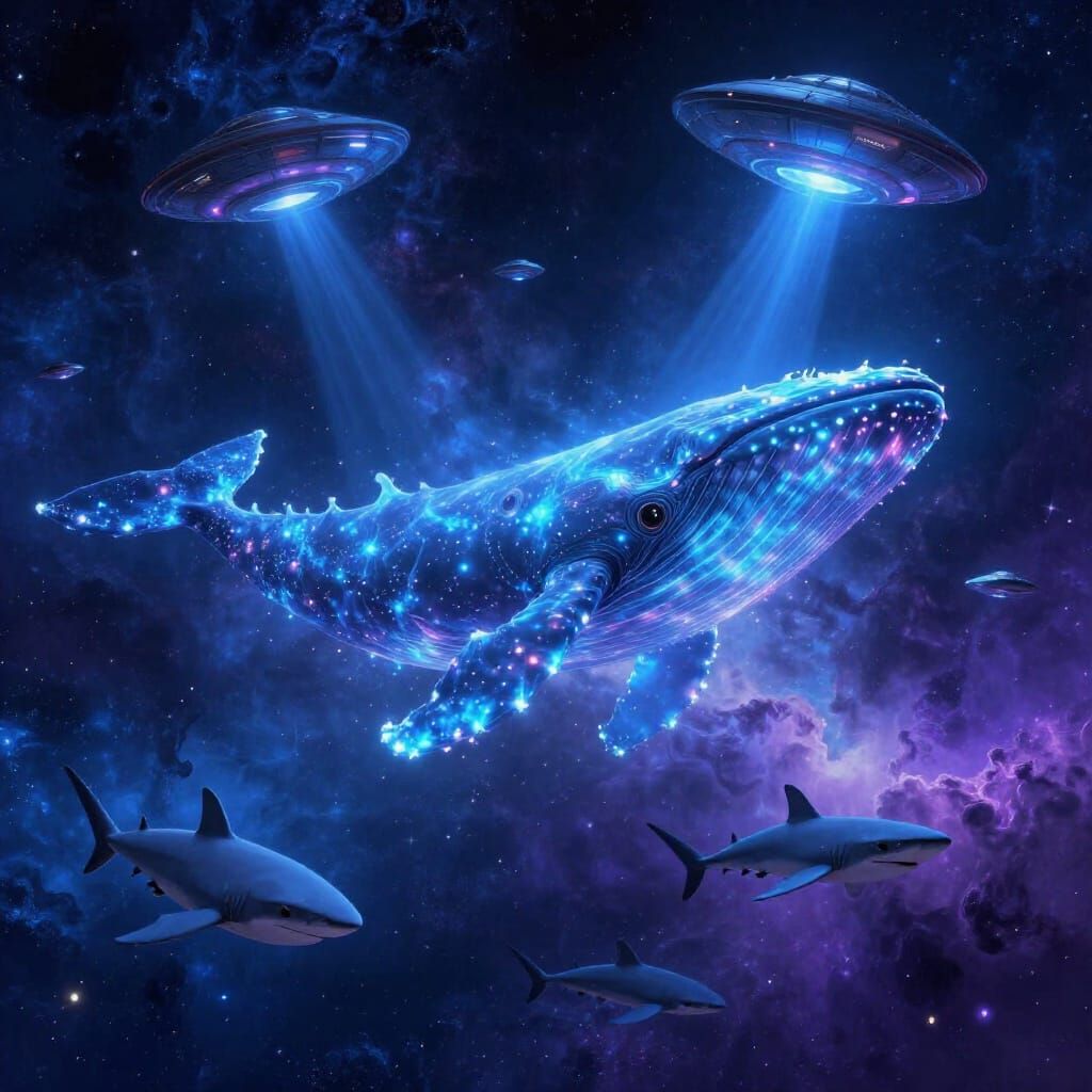 Cosmic Whales and Sharks Amidst UFOs in Deep Space