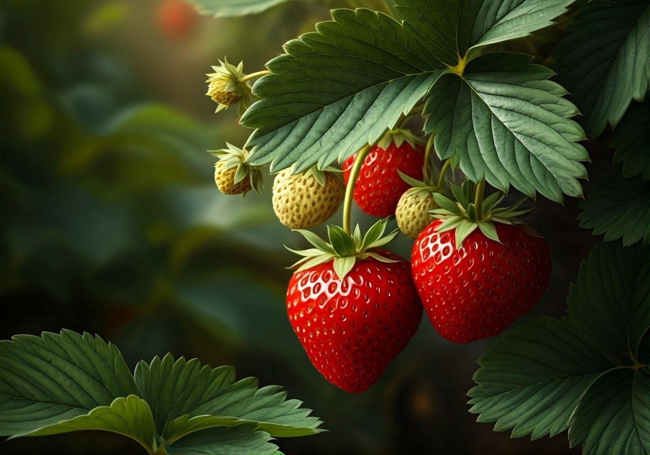 Lush Green Leaves Surround Vibrant Strawberries