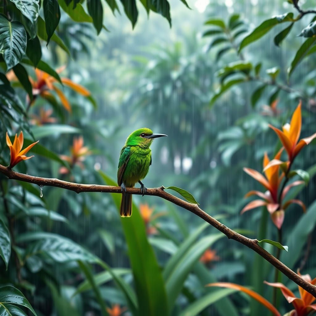 Vibrant Honeycreeper in Amazon Jungle Rain