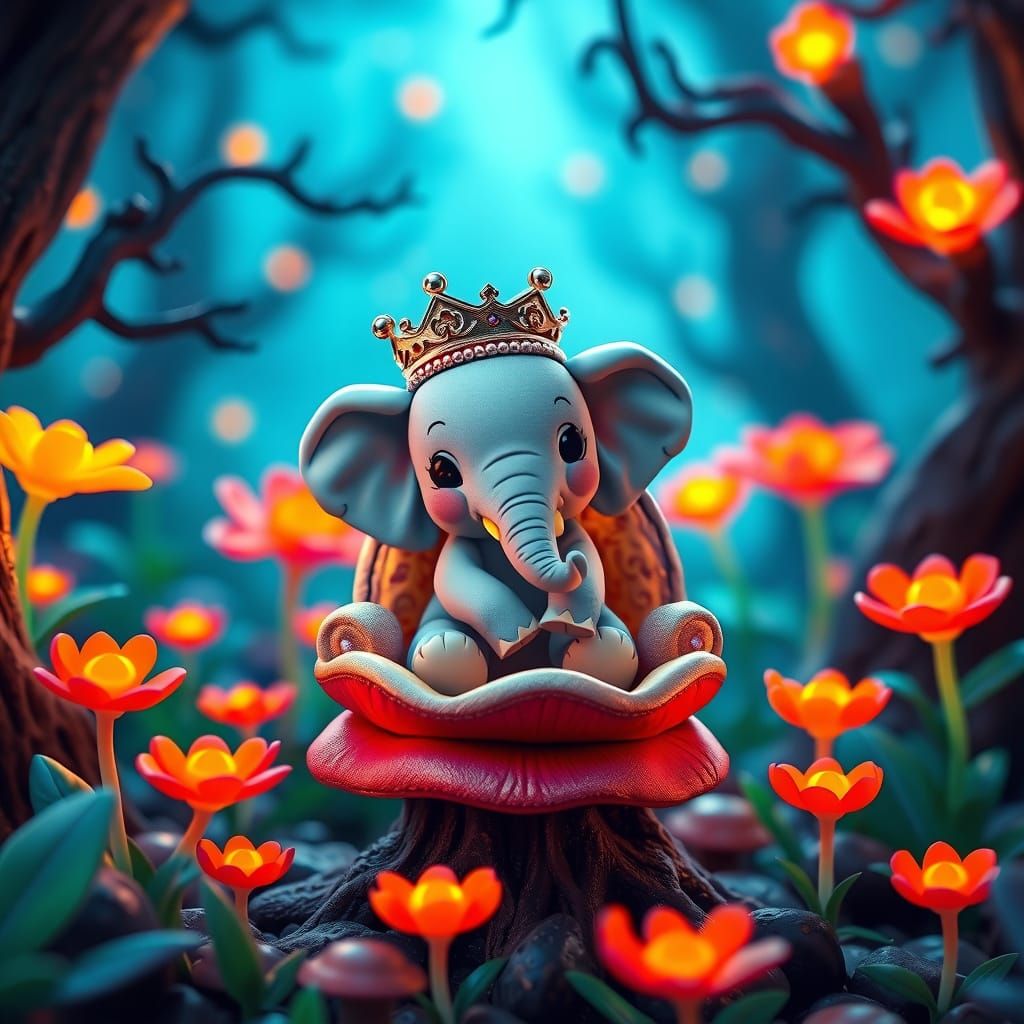 Enchanted Elephant on Mushroom Throne in Chibi CGI