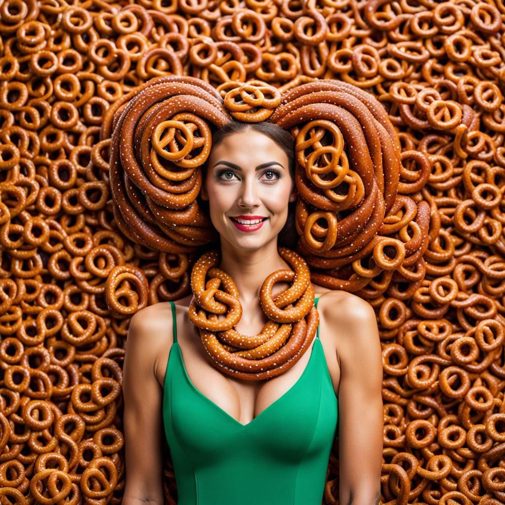 Woman whose skin and hair are made entirely out of pretzels at a pretzel festival