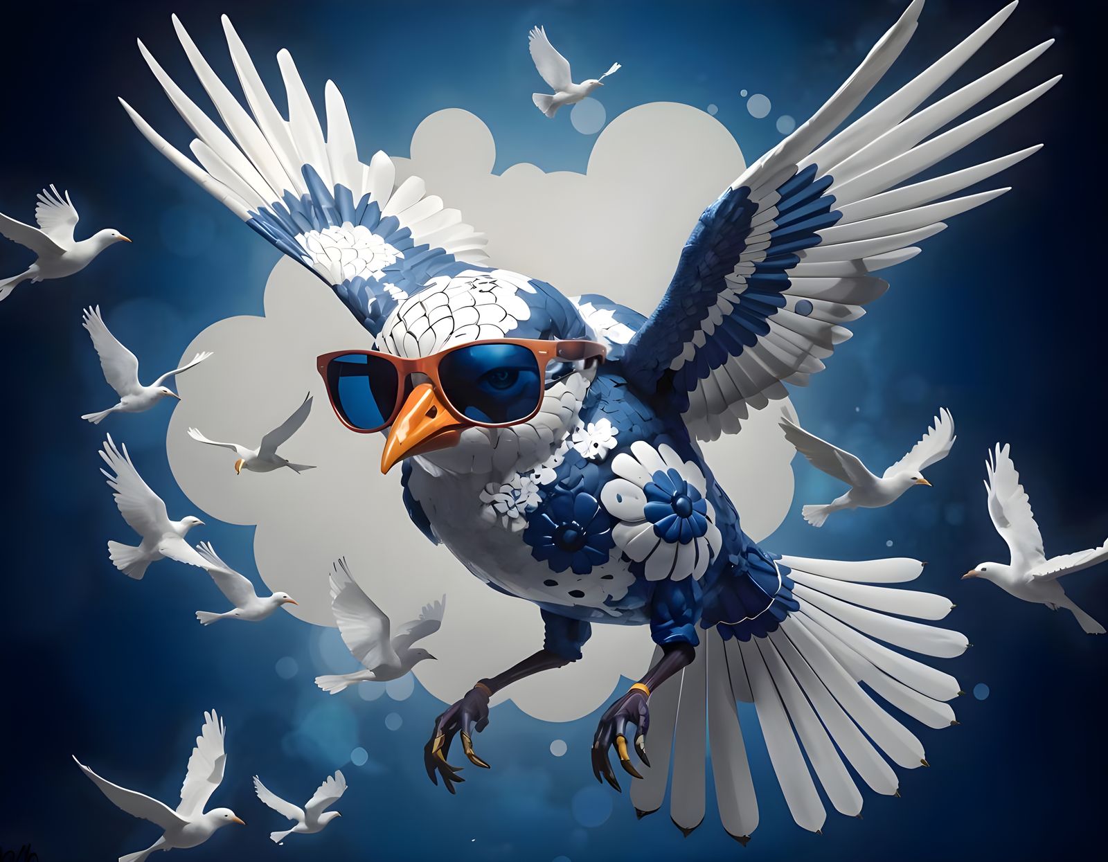 Porcelain Bird in Flight, Cyberpunk Style