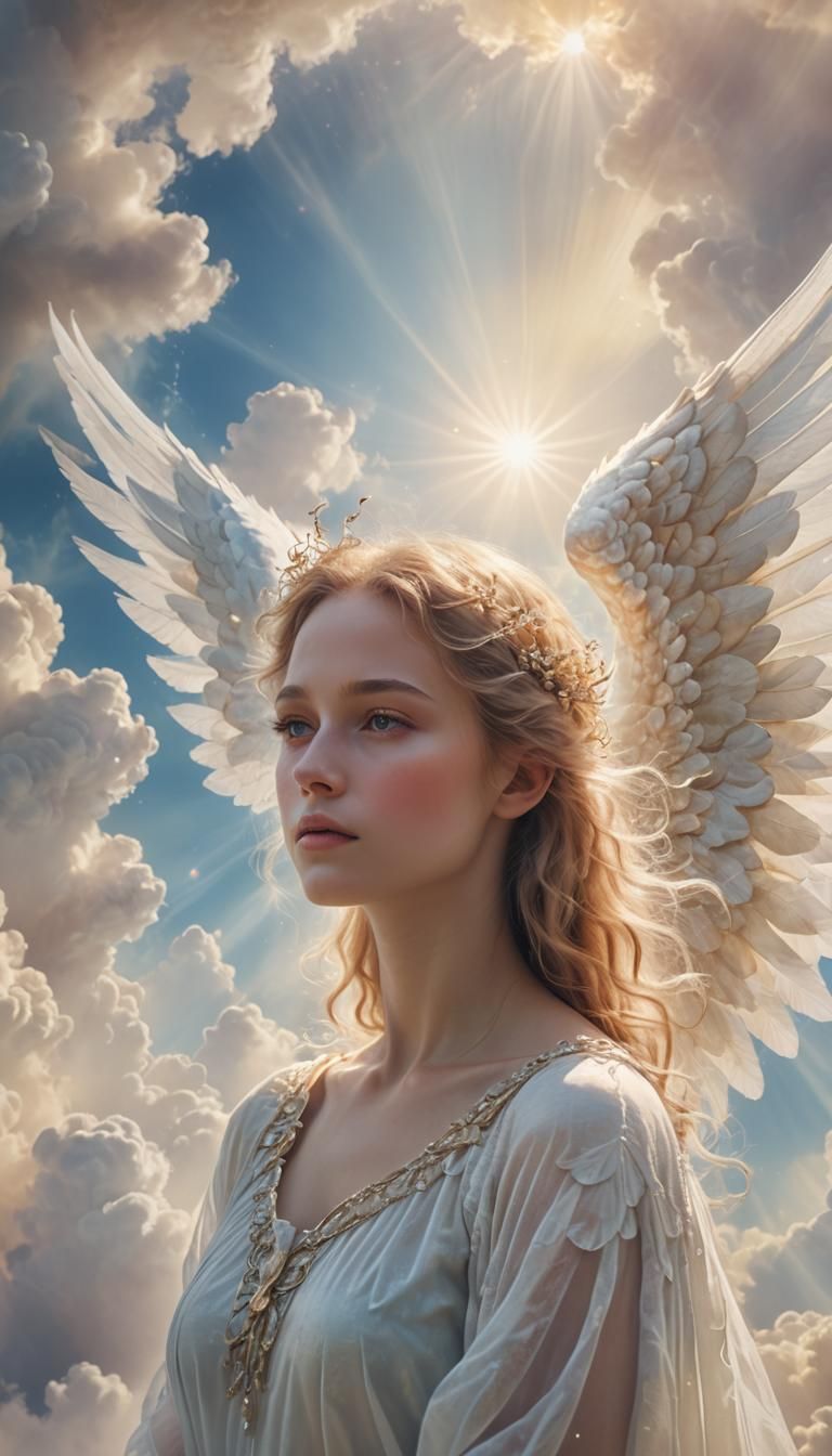 Ethereal Fantasy Portrait with Angelic Figure in Dreamy Clou...