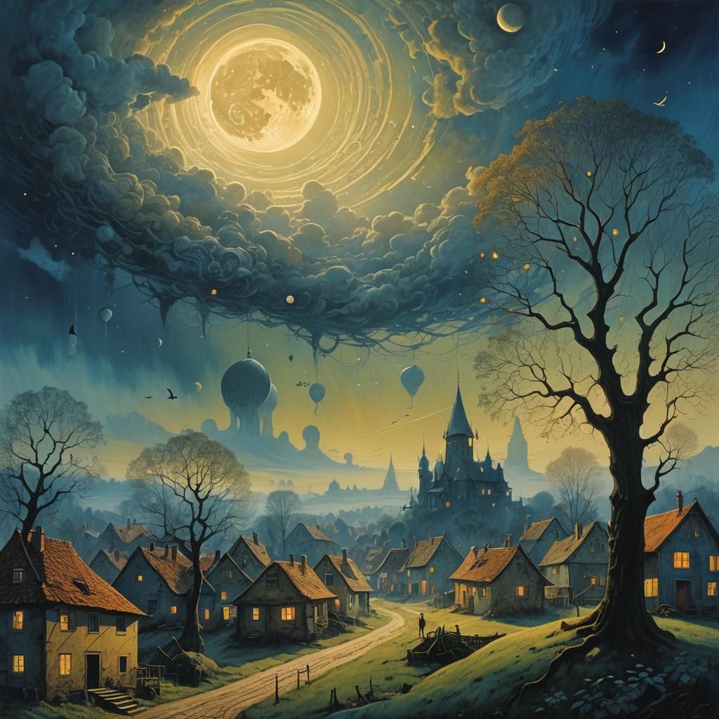 Magical Realism Village in Dreamlike Fantasy Style