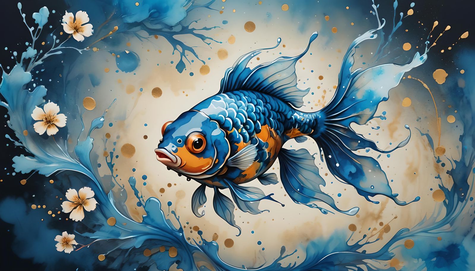 Kabuki Goldfish in Detailed Ink and Splatter Art