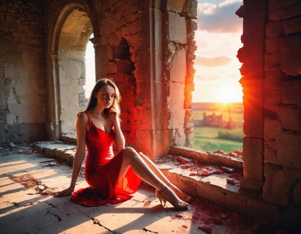 Girl in Red Dress in Ruined Castle at Sunset