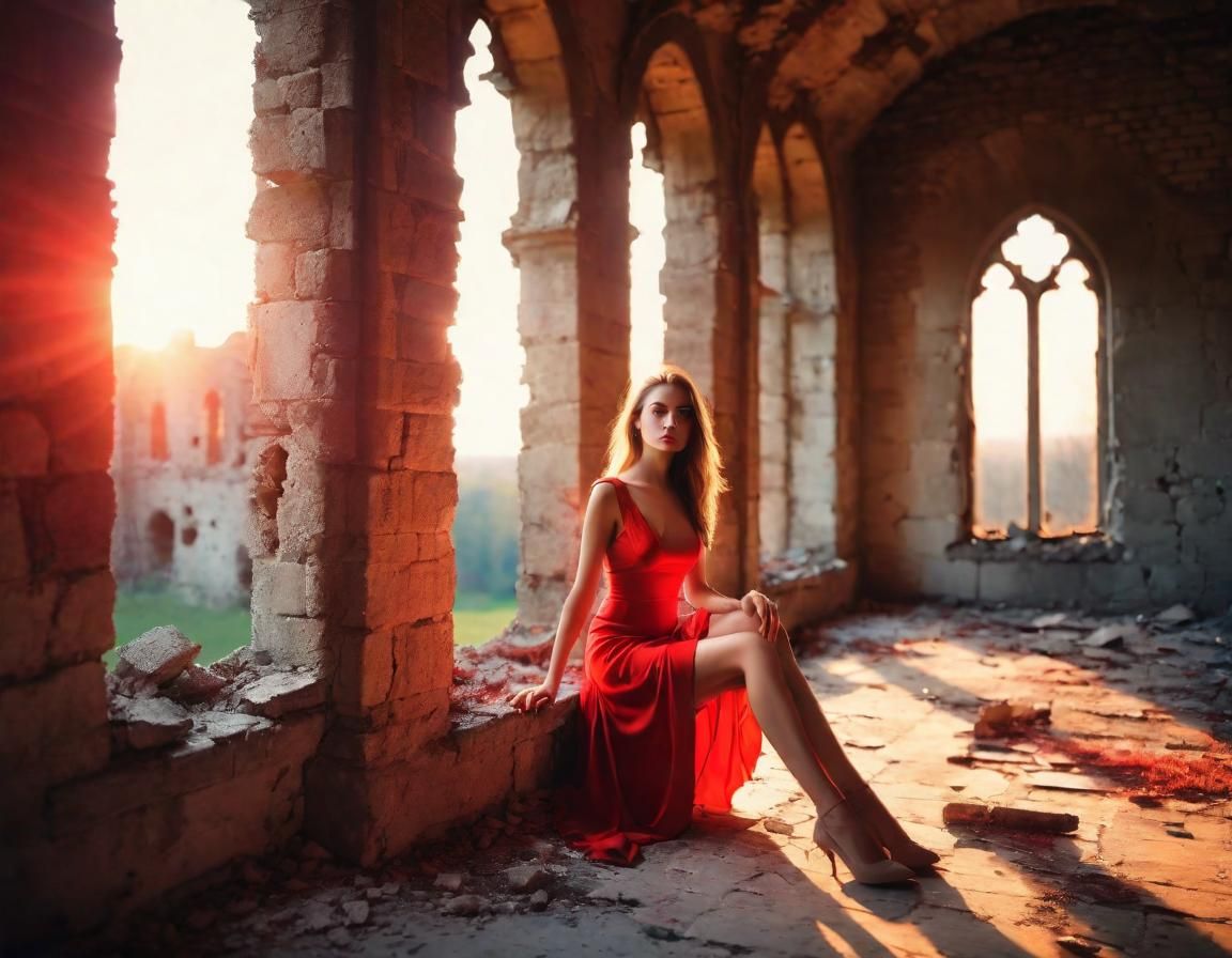 Girl in Red Dress in Ruined Castle at Sunset