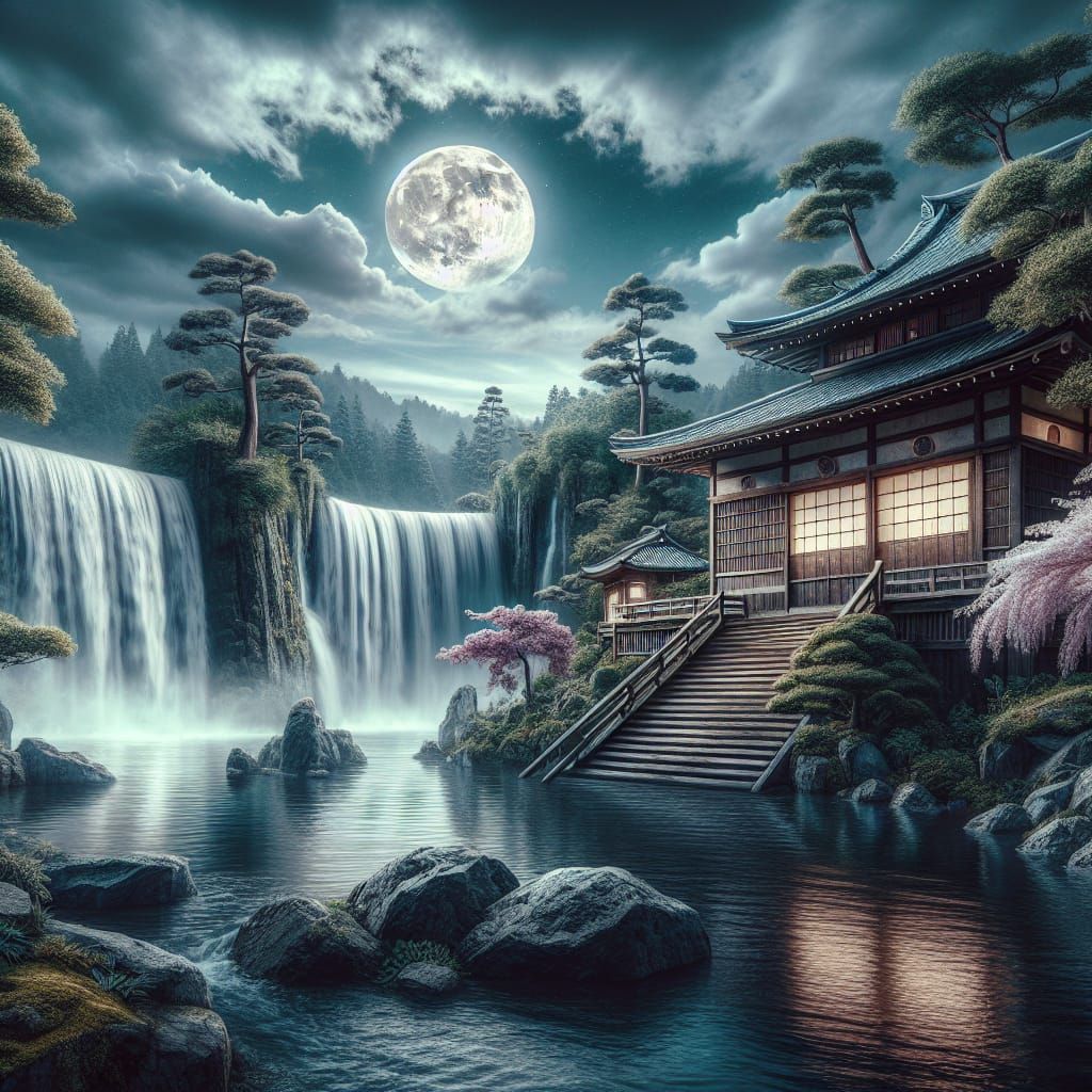 The image is of a Traditional Japanese house with wooden steps descending down to a calm river.  Just upriver is a water...