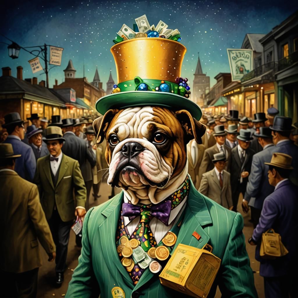 Bulldog at Mardigras: Whimsical Anthropomorphic Illustration