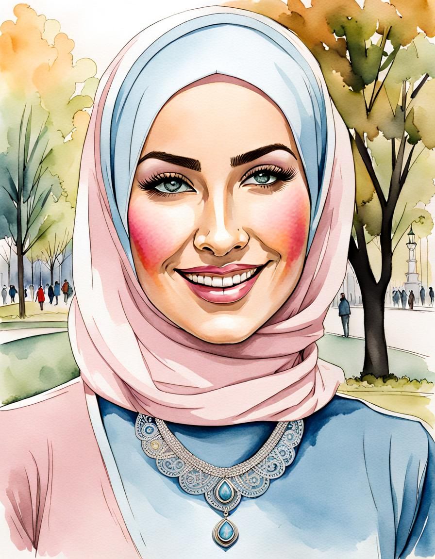 Elegant Hijabi Woman in Watercolor Portrait