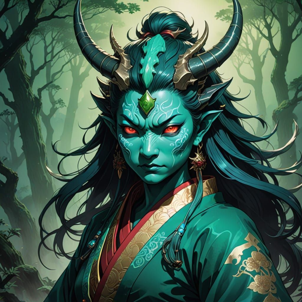 Cyberpunk-Inspired Kappa Yokai Warrior in Japanese Landscape