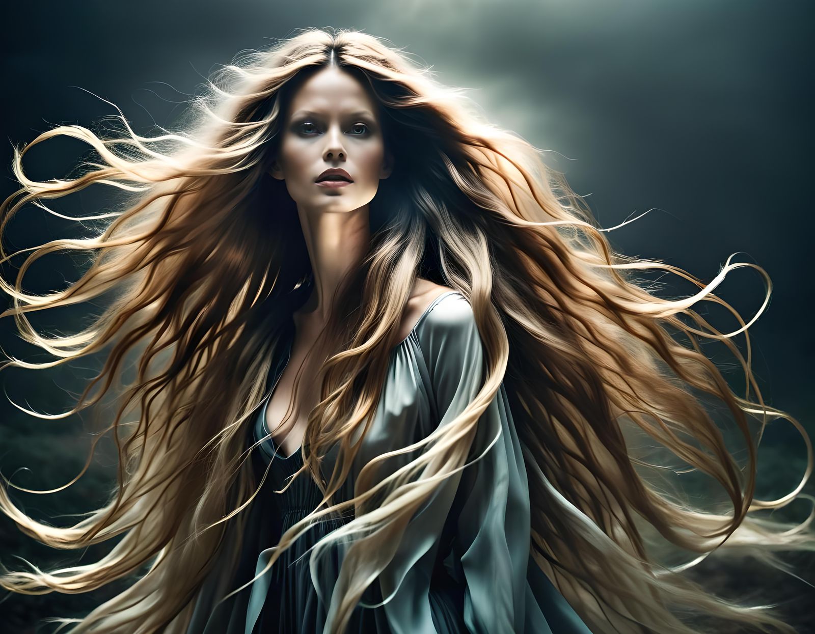 Surreal Portrait with Flowing Hair in Cinematic Style