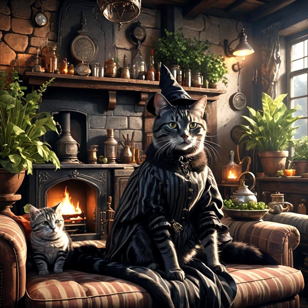 Elegant Witch and Cat in Cottage Interior