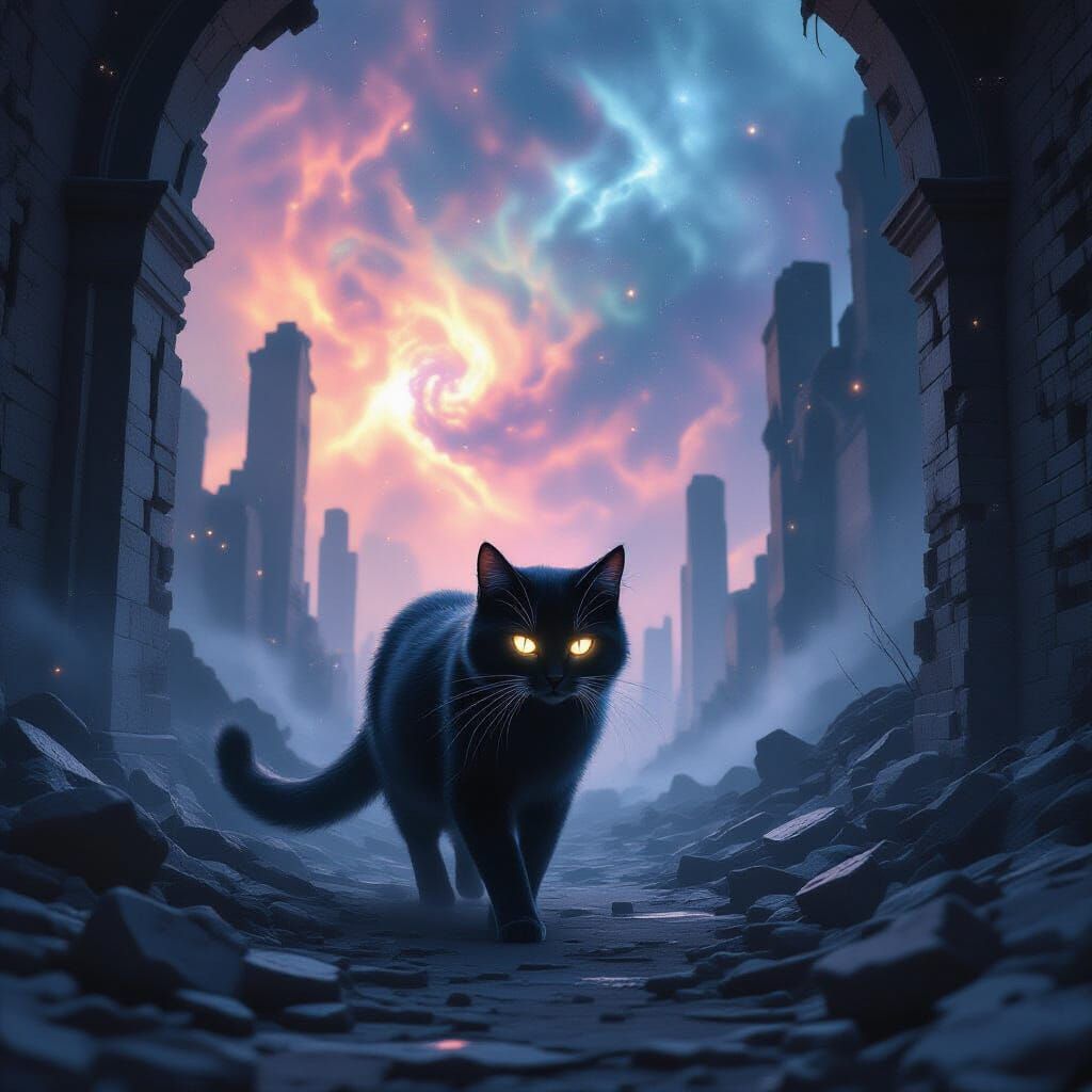 Spectral Cat in Nebula City Ruins