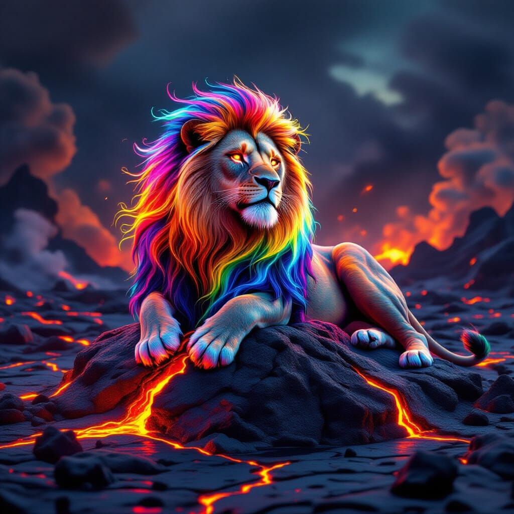 Majestic Lava Lion of Rainbow Energy on Volcanic Rock