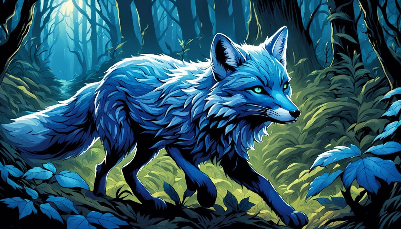 Blue Fox Leads Through Mystical Forest in Comic Art